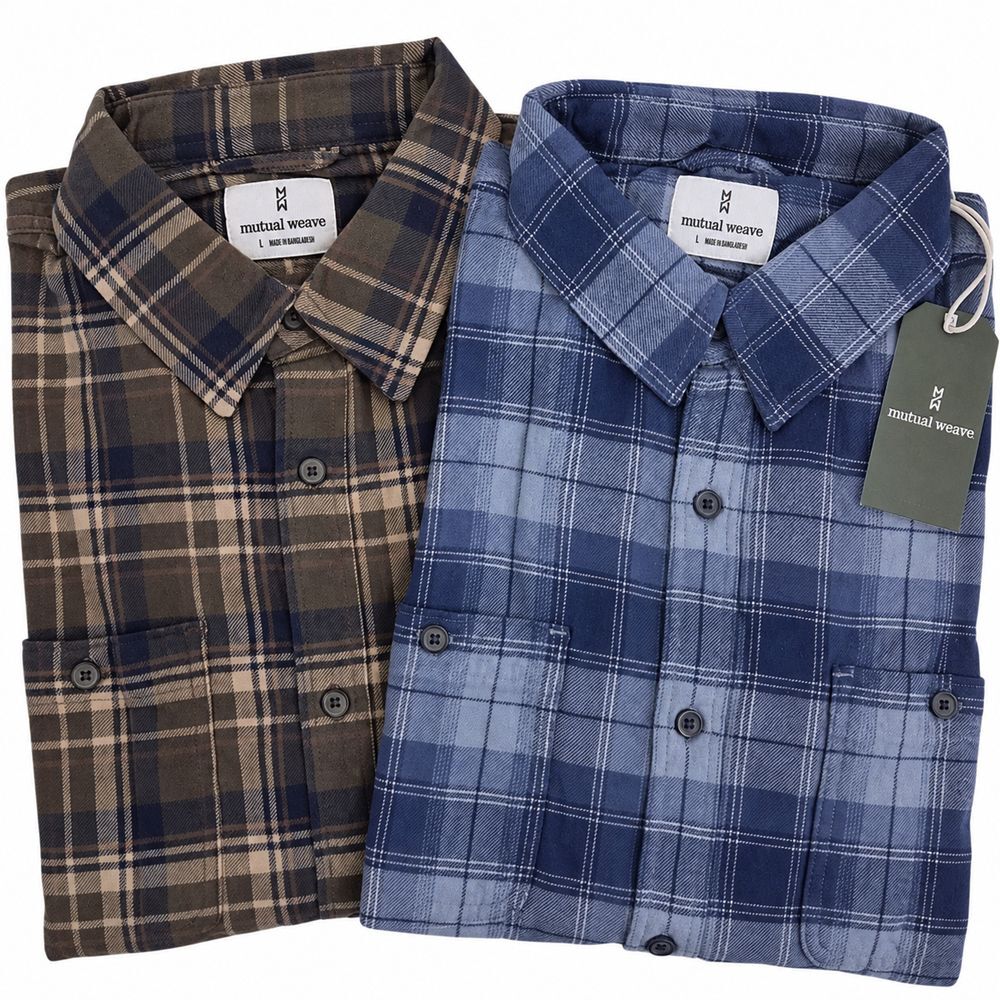 2- Mutual Weave Flannel Shirts Mens Large New Long Sleeve Blue and Brown Plaid